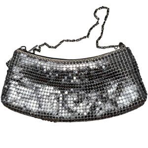 VINTAGE SILVER MESH EVENING BAG PURSE CLUTCH SILVER CHAIN STRAP SATIN LINED